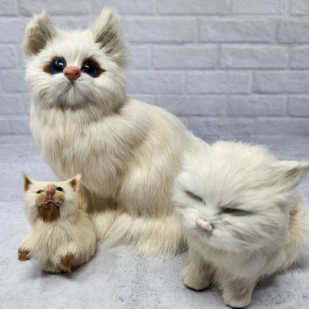 Vintage 50s Mom Cat & Baby Kittens Siamese Blue Eyed Cat Real Rabbit Fur Antique